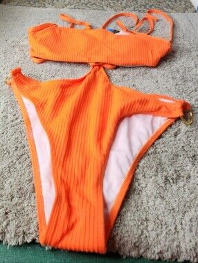 Women's Bright Orange Ribbed Two-Piece Connected Bikini - Flatter Me - L